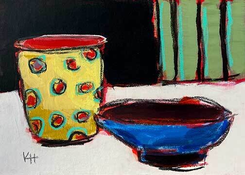 Krista Hasson Artist Painter Handworks Gallery Saint John New Brunswick Mixed Media Painting Still Life Blue Bowl Yellow Cup