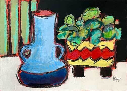Krista Hasson Artist Painter Handworks Gallery Saint John New Brunswick Mixed Media Painting Still Life Blue Jug Plants