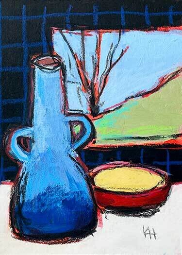 Krista Hasson Artist Painter Handworks Gallery Saint John New Brunswick Mixed Media Painting Still Life Blue Pitch Red Bowl