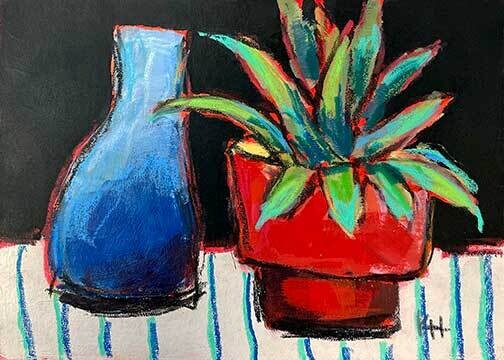 Krista Hasson Artist Painter Handworks Gallery Saint John NB Mixed Media Painting Still Life Red Pot Green Plant Blue Vase