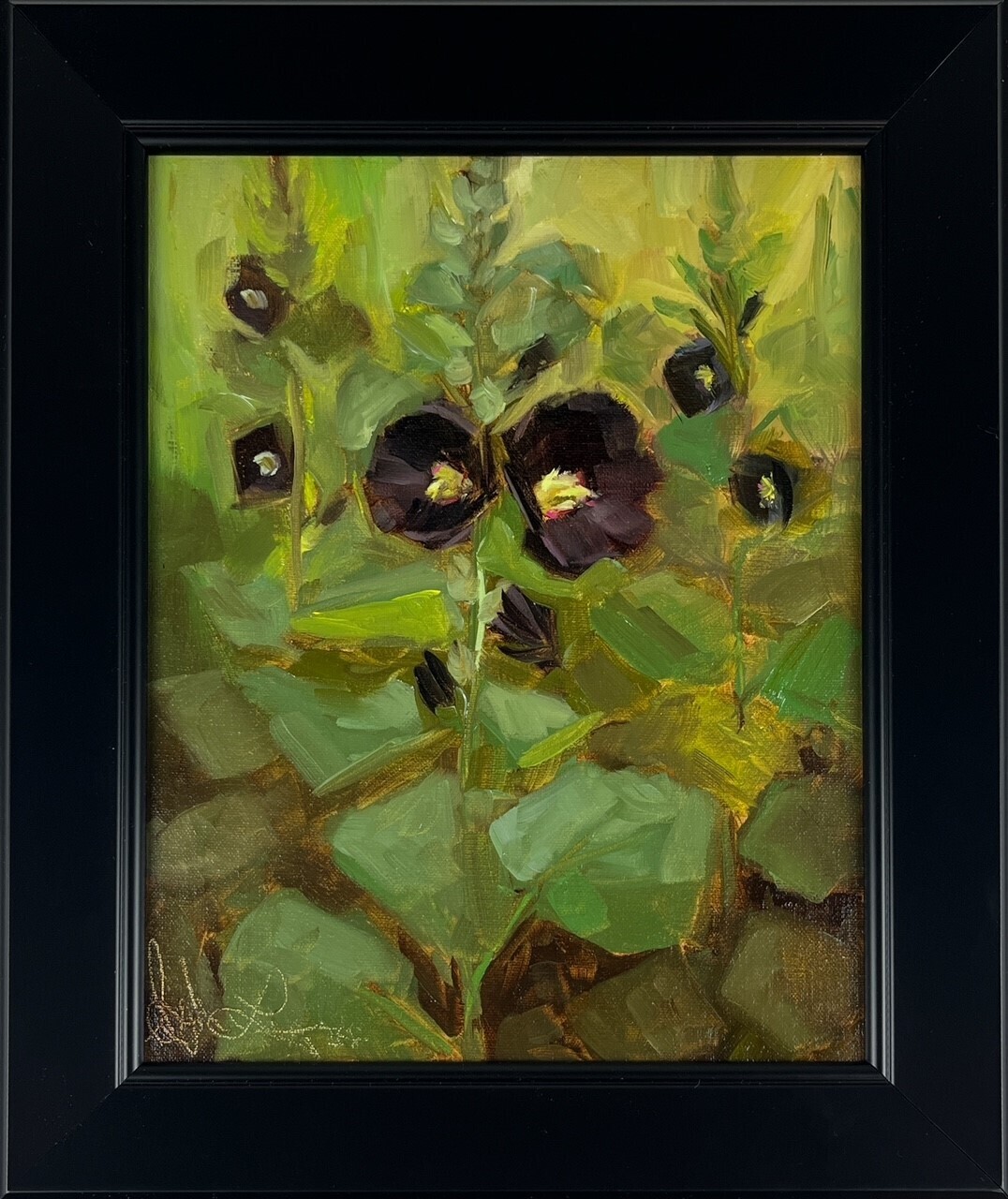 Sophie Levesque Artist Painter Handworks Gallery Saint John New Brunswick Oil Painting Flowers Floral Garden Black Hollyhocks