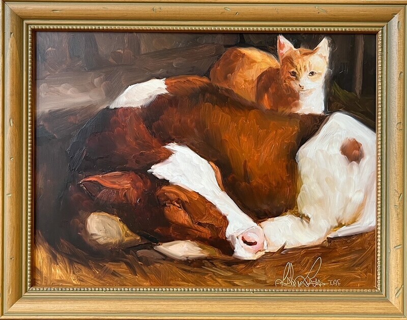 Sophie Levesque Artist Painter Handworks Gallery Saint John New Brunswick NB Oil Painting Cow Cat Friends Farm Barn Animals