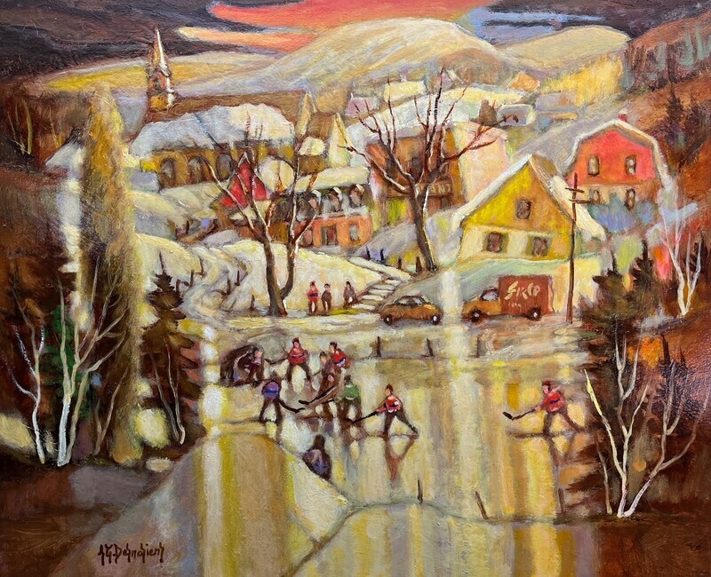 Jean-Guy Desrosiers Artist Painter Handworks Gallery Saint John New Brunswick NB Framed Oil Painting Quebec Winter Hockey Ice