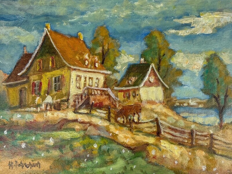 Jean-Guy Desrosiers Artist Painter Handworks Gallery Saint John NB Framed Oil Painting Quebec Cottage Village Farm House