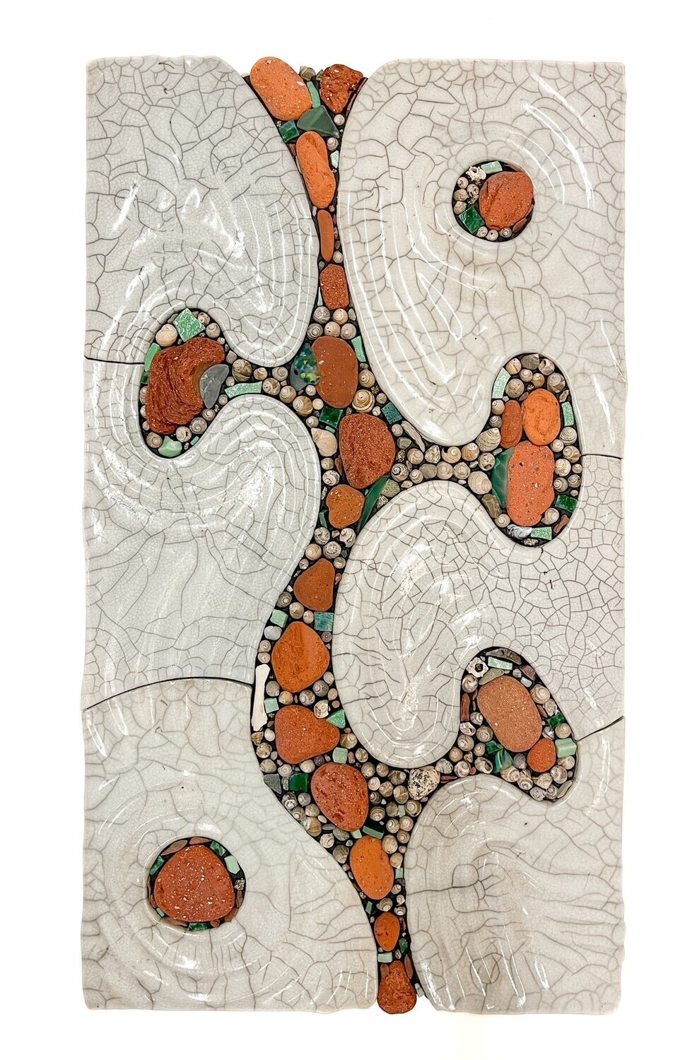 29x16" Tidal Red Brick/ Green Glass Pottery + Rock Mosaic