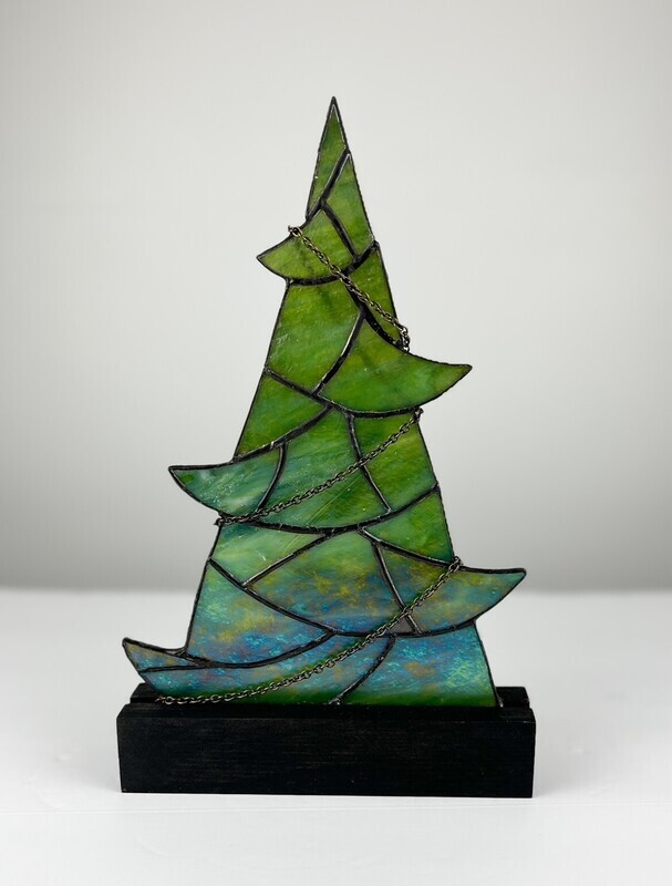 Stained Glass Christmas Tree with Wooden Base