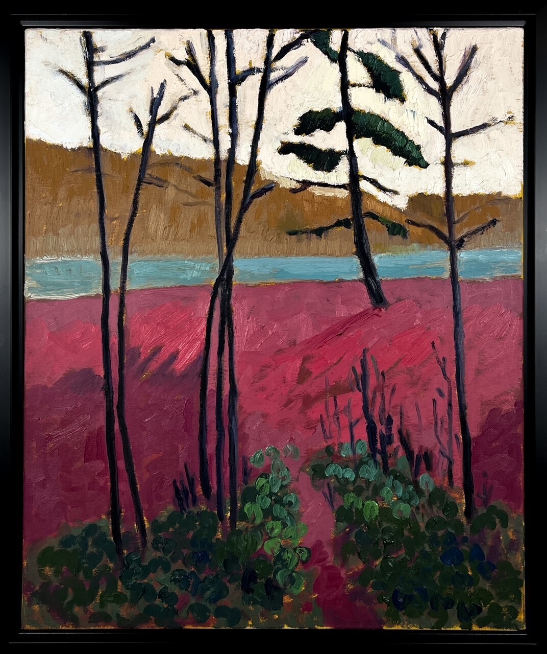 colorful Landscape with Pink, Blue and brown tones by New Brunswick painter Francine Martin 