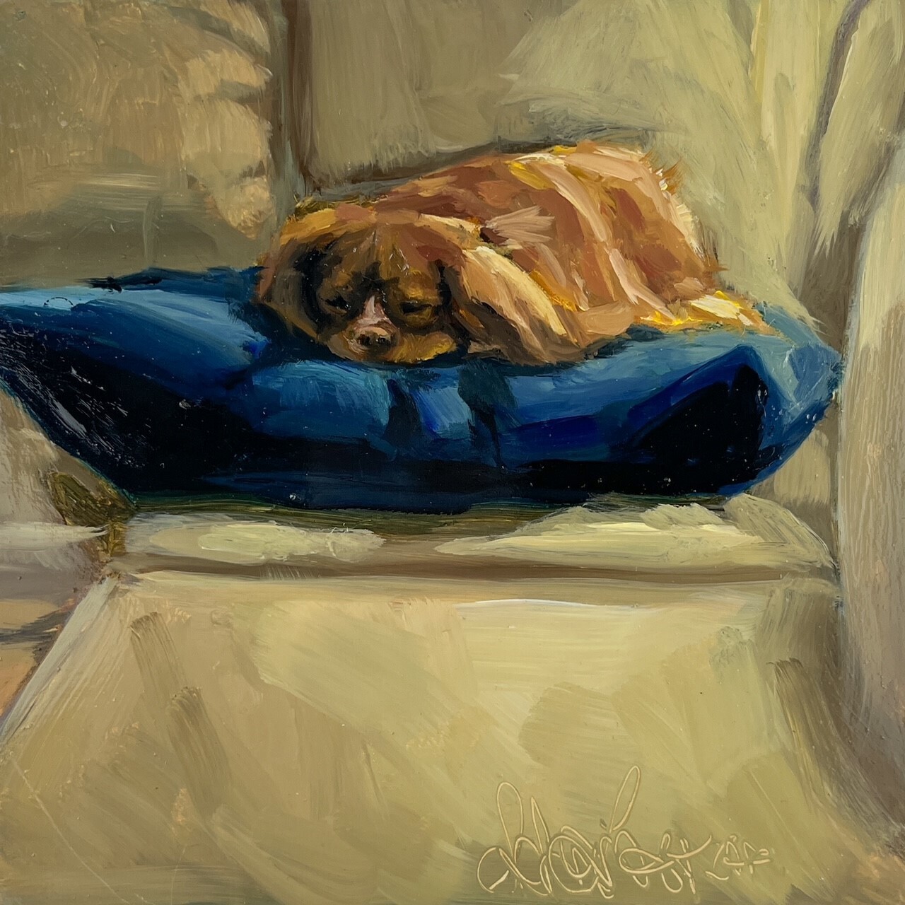 Sophie Levesque Artist Painter Handworks Gallery Saint John New Brunswick NB Oil Painting Dog Spaniel Sleeping Couch Pillow