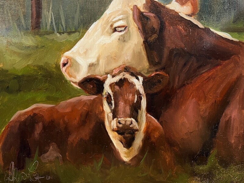 Sophie Levesque Artist Painter Handworks Gallery Saint John New Brunswick NB Oil Painting Cow & Calf Farm Mother Baby Nature 