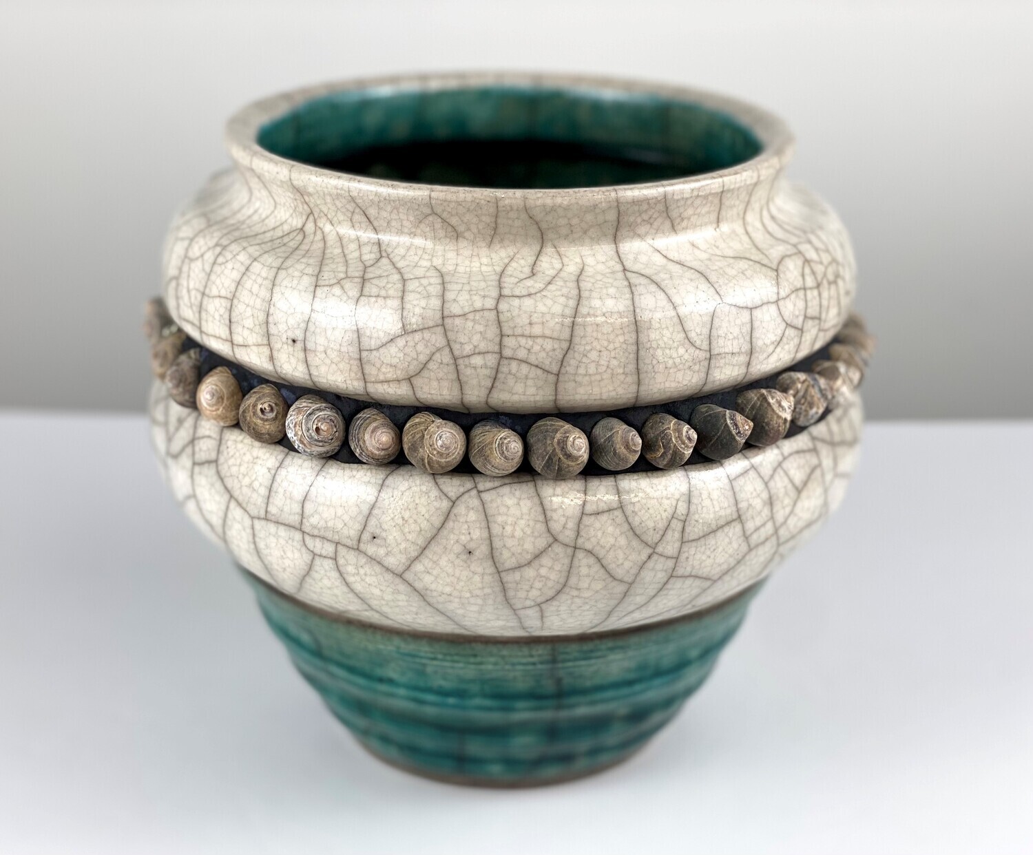 Tim Isaac Potter Handworks Gallery Saint John New Brunswick Pottery vase Seashell Raku White Green 