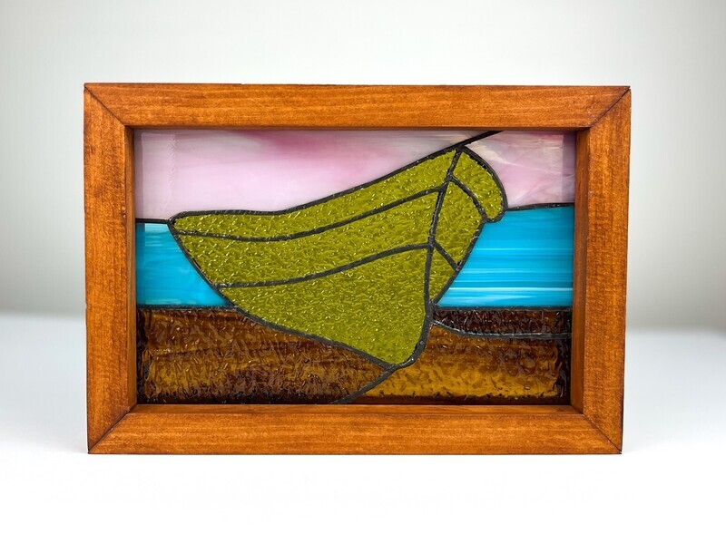 Denis Eve Handworks Gallery Saint John New Brunswick Canada Canadian Stained Glass Artist  Framed Rowboat Boat Beach Green 