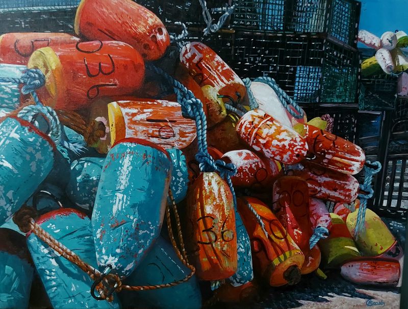 Robert Crosby Artist Painter Handworks Gallery Saint John New Brunswick Acrylic Painting Blue Orange Buoys Floats Fishing