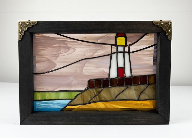 Denis Eve Canadian Stained Glass Artist Saint John New Brunswick Canada Handworks Gallery Framed Lighthouse Pendlebury