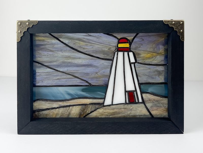 Denis Eve Canadian Stained Glass Artist Saint John New Brunswick Canada Handworks Gallery Framed Lighthouse Swallowtail II