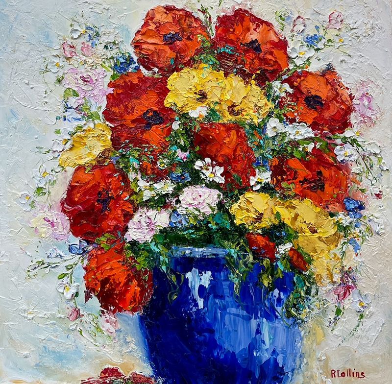 Rene Collins Artist Painter Handworks Gallery Saint John NB Oil Knife Painting Flowers Floral Red Yellow Bouquet Blue Vase