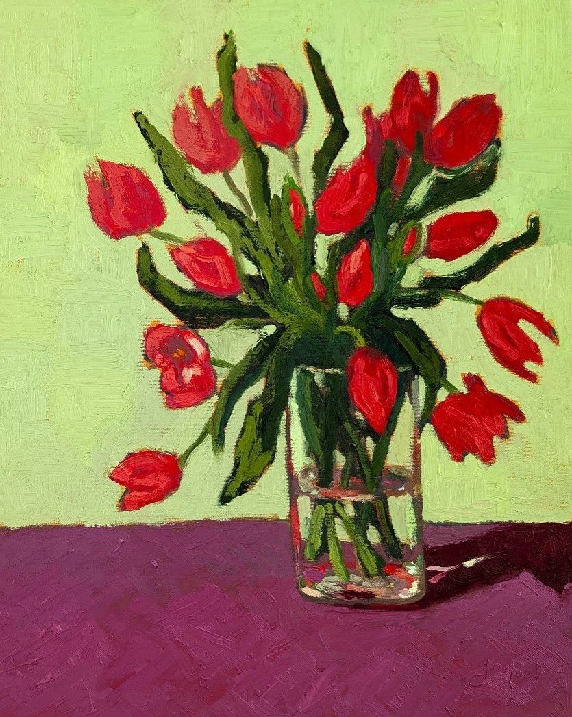Pink Tulip Bouquet in Clear Glass Vase with Vibrant green background by Painter Francine Martin 