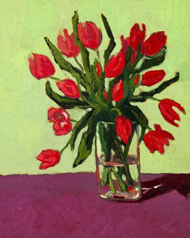 Pink Tulip Bouquet in Clear Glass Vase with Vibrant green background by Painter Francine Martin