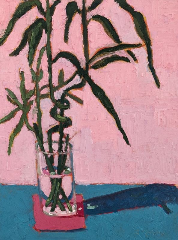 Bamboo Plant in Clear Vase Featuring a light Pink and Blue Background by Francine Martin
