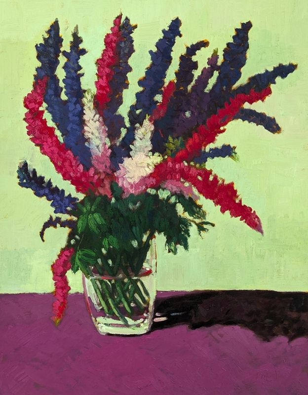Floral Arrangement of Purple and Pink Lupins on a Green background by artist Francine Martin