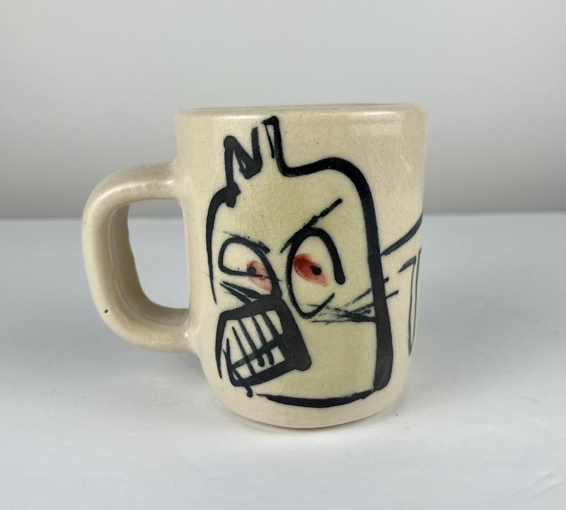 Darren Emenau MNO Saint John New Brunswick Canada Handworks Gallery Canadian Handmade Whimsical Pottery Small Mug Angry Cat