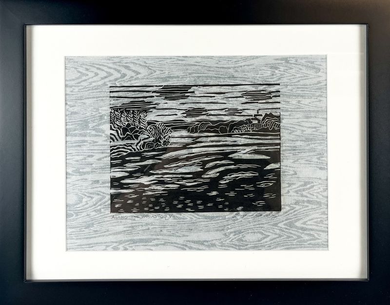 Suzan Carsley Artist Handworks Gallery Saint John New Brunswick NB Framed Linocut on Japanese Paper Along the Wolastoq River