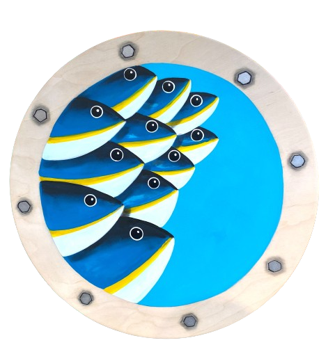 Cody Pendleton Artist Painter Handworks Gallery Saint John New Brunswick Acrylic Painting School Fish Porthole Blue Yellow
