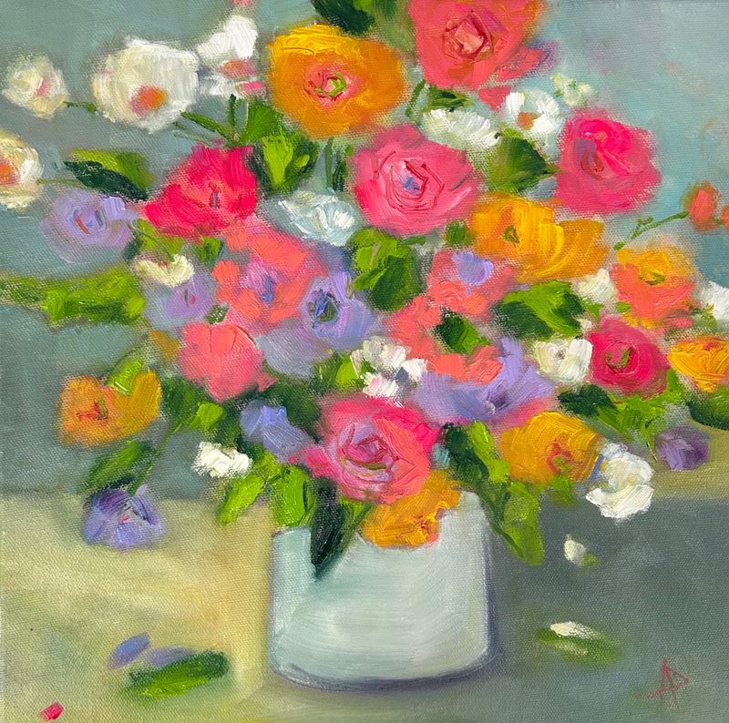 Andrea Pottyondy Stoffer Artist Painter Handworks Gallery Saint John NB Oil Painting Flowers Floral Bouquet Pink Yellow White
