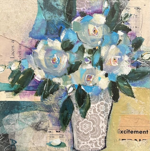 Andrea Pottyondy Stoffer Artist Painter Handworks Gallery Saint John New Brunswick NB Mixed Media Blue Flowers Roses Floral
