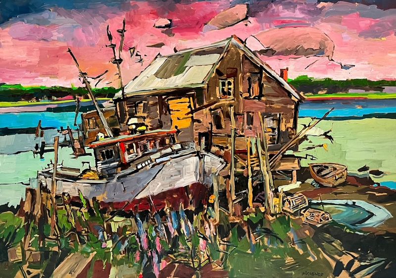 Ted Michener Saint John New Brunswick Canada Handworks Canadian Painting, Oil, "Dry Dock Harbour"  Boat