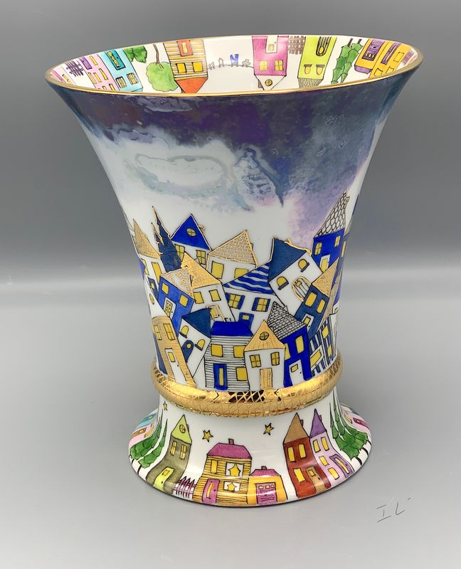 "House of Happiness II" Vase Porcelain & Gold Hand Painted 8x7"