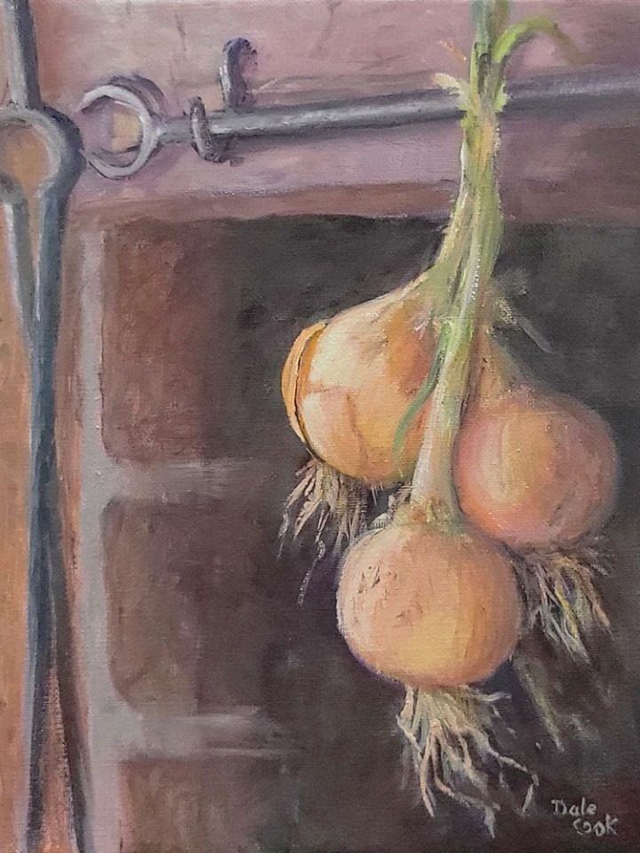 Dale Cook Artist Painter Handworks Gallery Saint John New Brunswick NB Oil Painting Onions Drying Hearth Kitchen Brick