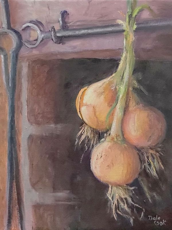 Dale Cook Artist Painter Handworks Gallery Saint John New Brunswick NB Oil Painting Onions Drying Hearth Kitchen Brick