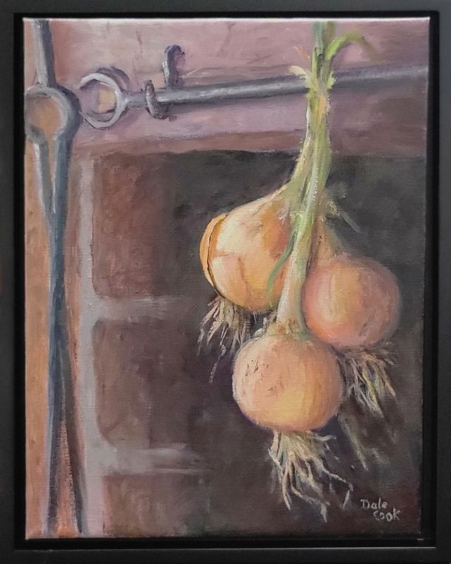 Dale Cook Artist Painter Handworks Gallery Saint John New Brunswick NB Oil Painting Onions Drying Hearth Kitchen Brick