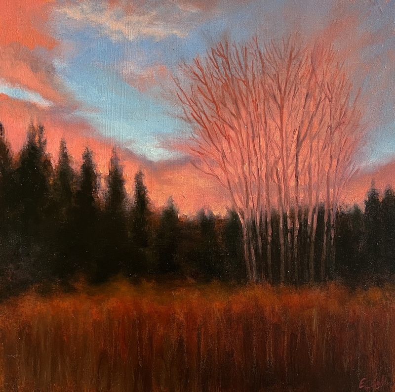 Elizabeth Cook Artist Painter Handworks Gallery Saint John New Brunswick NB Mixed Media Painting Landscape Forest Sunset Dusk