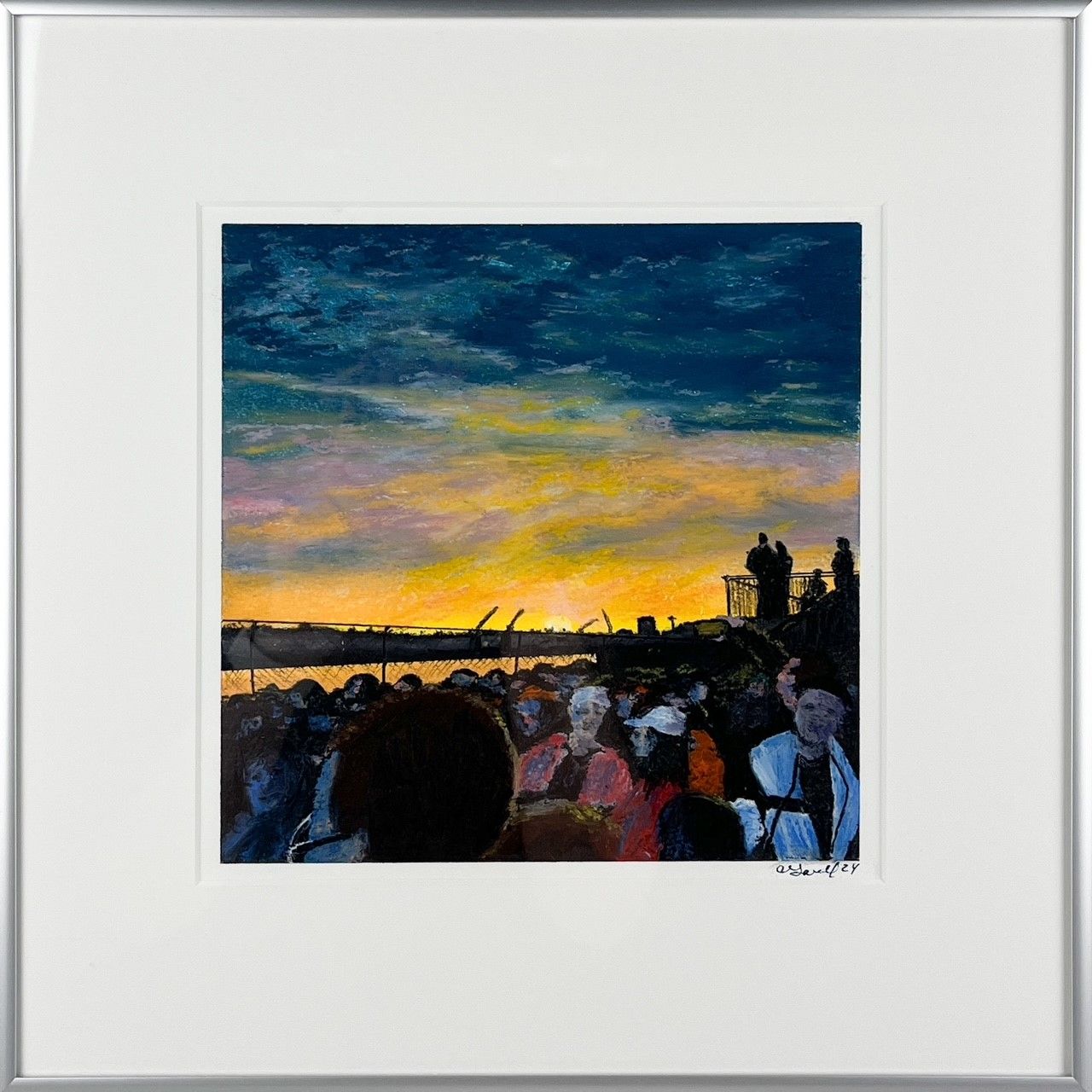 Adam Gavel Artist Painter Handworks Gallery Saint John New Brunswick NB Framed Oil Pastel  Emergency Sunset Crowd Uptown