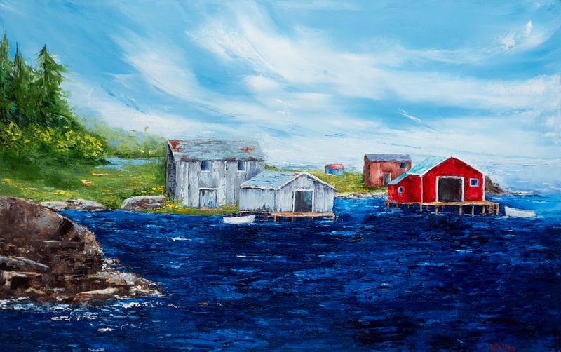 Rene Collins Artist Painter Handworks Gallery Saint John New Brunswick NB Oil Knife Painting Seascape Boathouses Water Shore