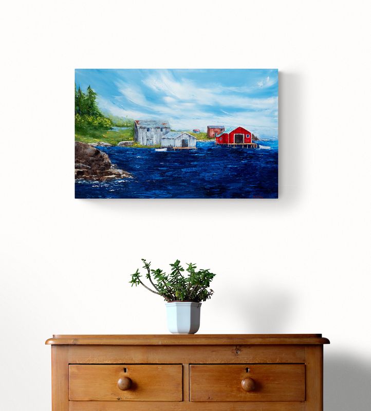 Rene Collins Artist Painter Handworks Gallery Saint John New Brunswick NB Oil Knife Painting Seascape Boathouses Water Shore