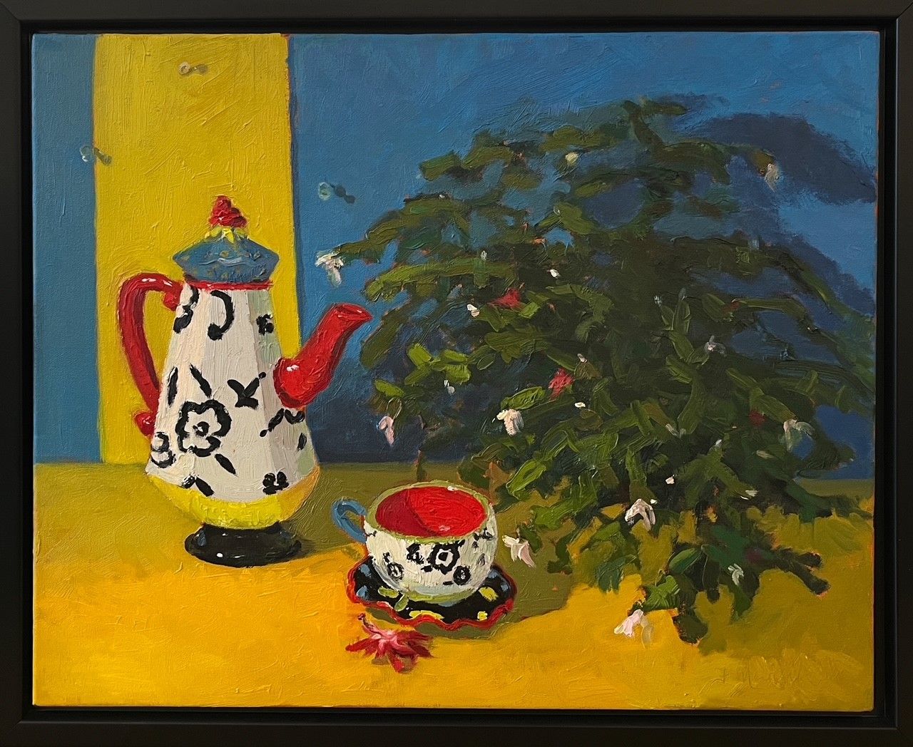 Elegant Teacup and Teapot Still life with Primary Colours By New Brunswick Artist Francine Martin 