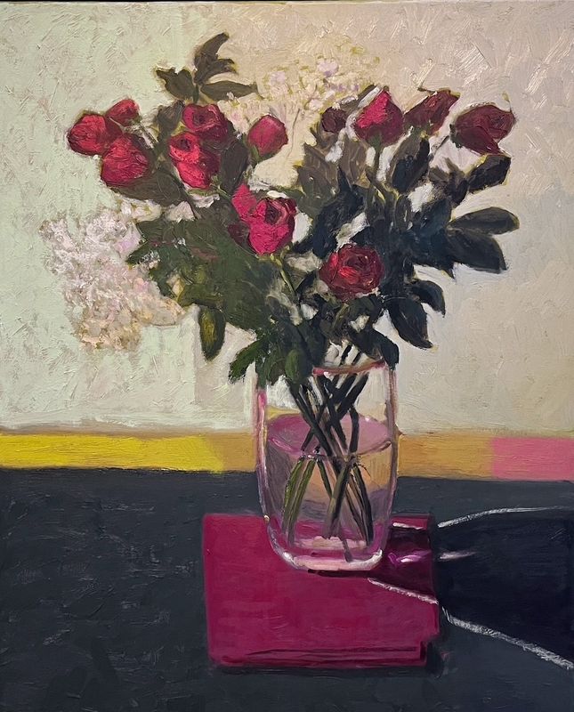 Still life of Red Roses and Baby's Breath Floral Bouquet by Francine Martin
