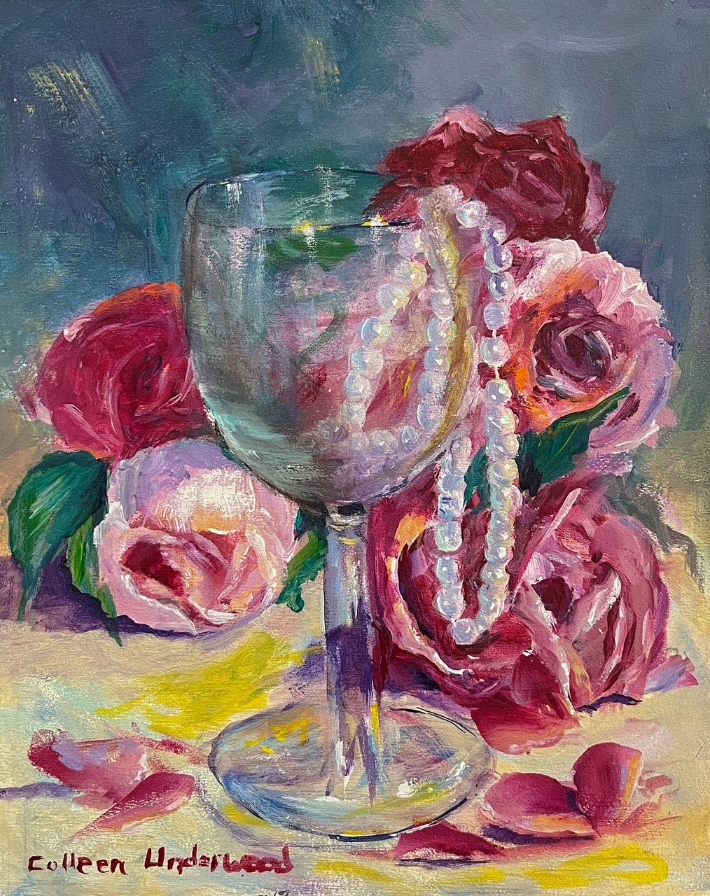 Colleen Underwood Artist Painter Handworks Gallery Saint John NB Acrylic Painting Pink Roses Pearls Flowers Floral Bouquet