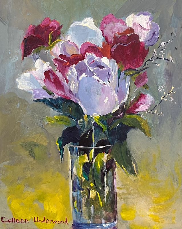 Colleen Underwood Artist Painter Handworks Gallery Saint John NB Acrylic Painting Roses Tulips Flowers Floral Bouquet Vase