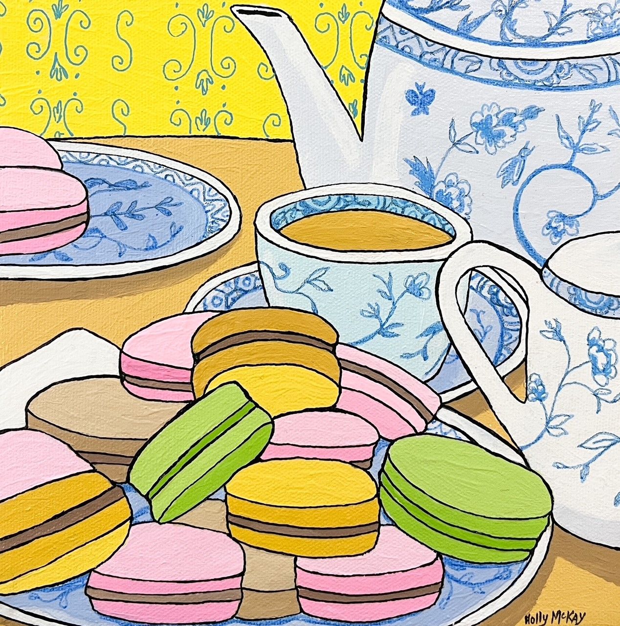 Holly McKay Artist Painter Handworks Gallery Saint John New Brunswick Acrylic Painting Whimsical Tea Party Teapot Macarons
