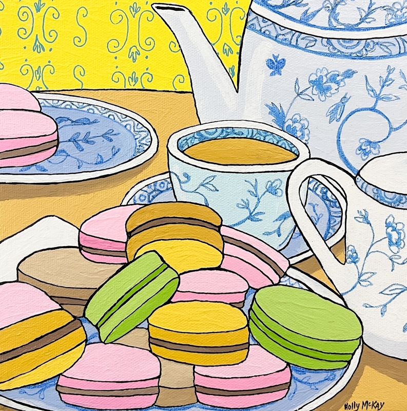 Holly McKay Artist Painter Handworks Gallery Saint John New Brunswick Acrylic Painting Whimsical Tea Party Teapot Macarons