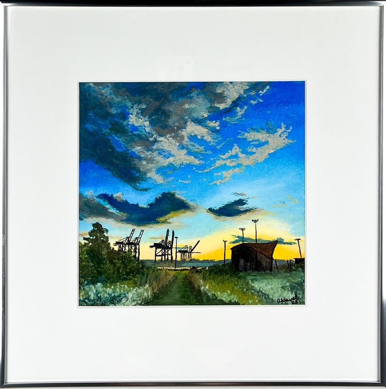 Adam Gavel Artist Painter Handworks Gallery Saint John New Brunswick NB Framed Oil Pastel Tin Can Beach Uptown Cranes Docks