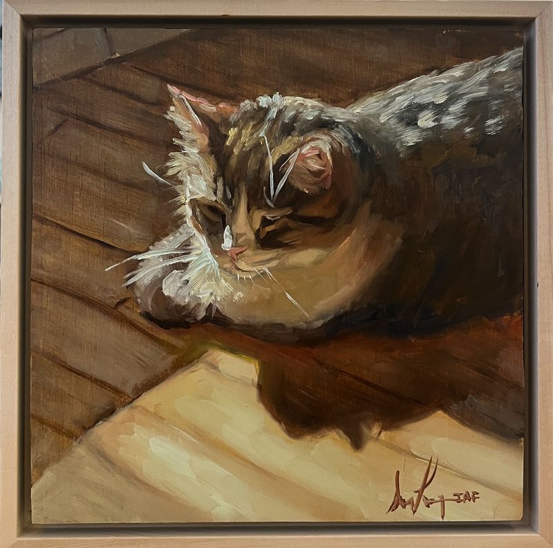 Sophie Levesque Artist Painter Handworks Gallery Saint John New Brunswick NB Oil Painting Cat Sunbeam Shadow Summer Sunshine