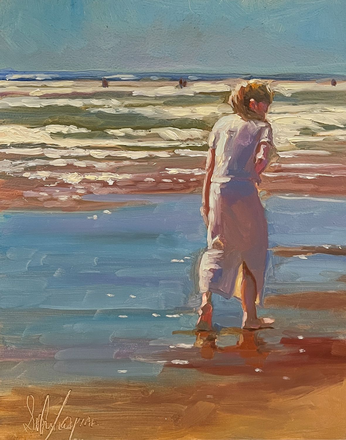 Sophie Levesque Artist Painter Handworks Gallery Saint John New Brunswick Oil Painting Woman Beach Combing Shore Ocean Tide