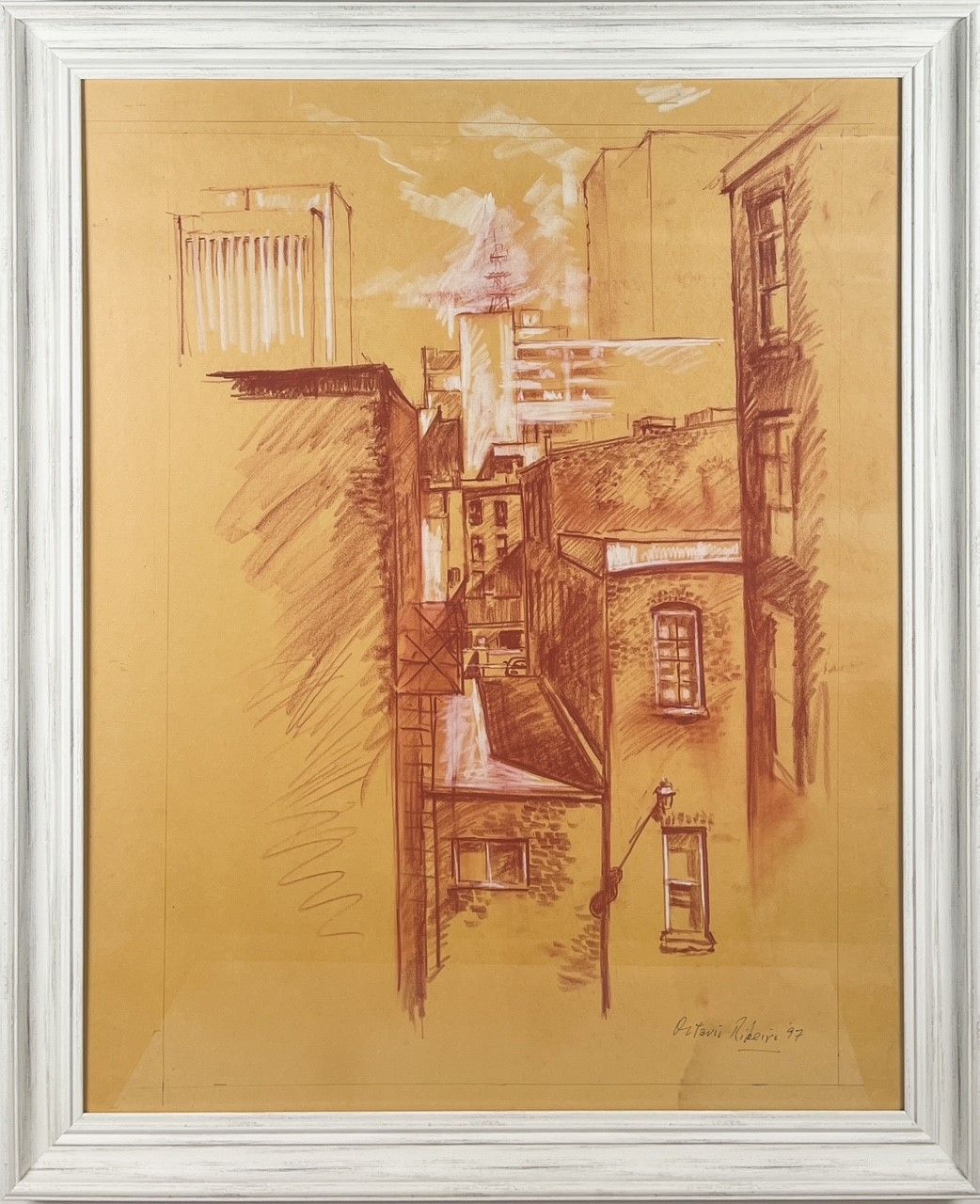 Octavio Ribeiro Artist Painter Handworks Gallery Saint John New Brunswick NB Framed Conté Drawing Cityscape Alley Urban City