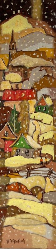 Jean-Guy Desrosiers Artist Painter Handworks Gallery Saint John NB Framed Oil Painting Quebec Winter Snow Village Snowing
