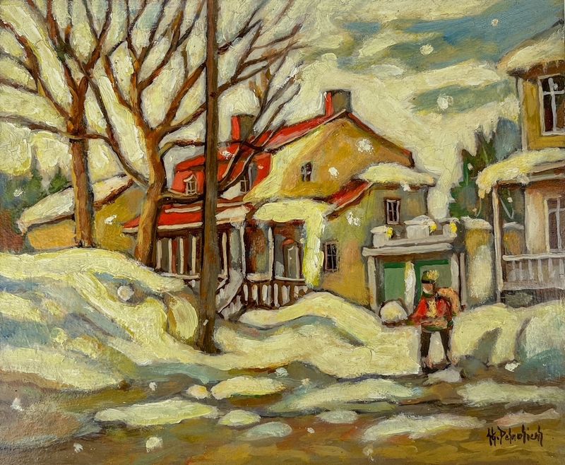 Jean-Guy Desrosiers Artist Painter Handworks Gallery Saint John New Brunswick NB Framed Oil Painting Quebec House Winter Snow