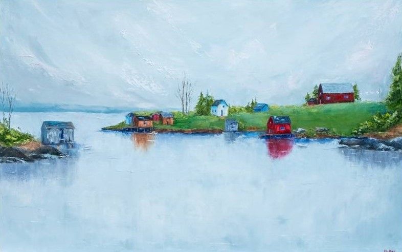 Rene Collins Artist Painter Handworks Gallery Saint John New Brunswick NB Oil Knife Painting Seascape Village Boathouse Beach